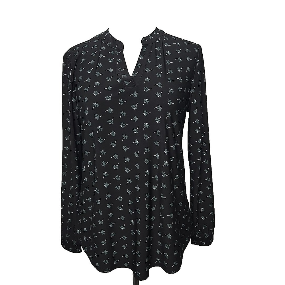 Anne Klein Black Print Stretch Knit Long Sleeve Top Blouse Size Small S - Picture 1 of 6